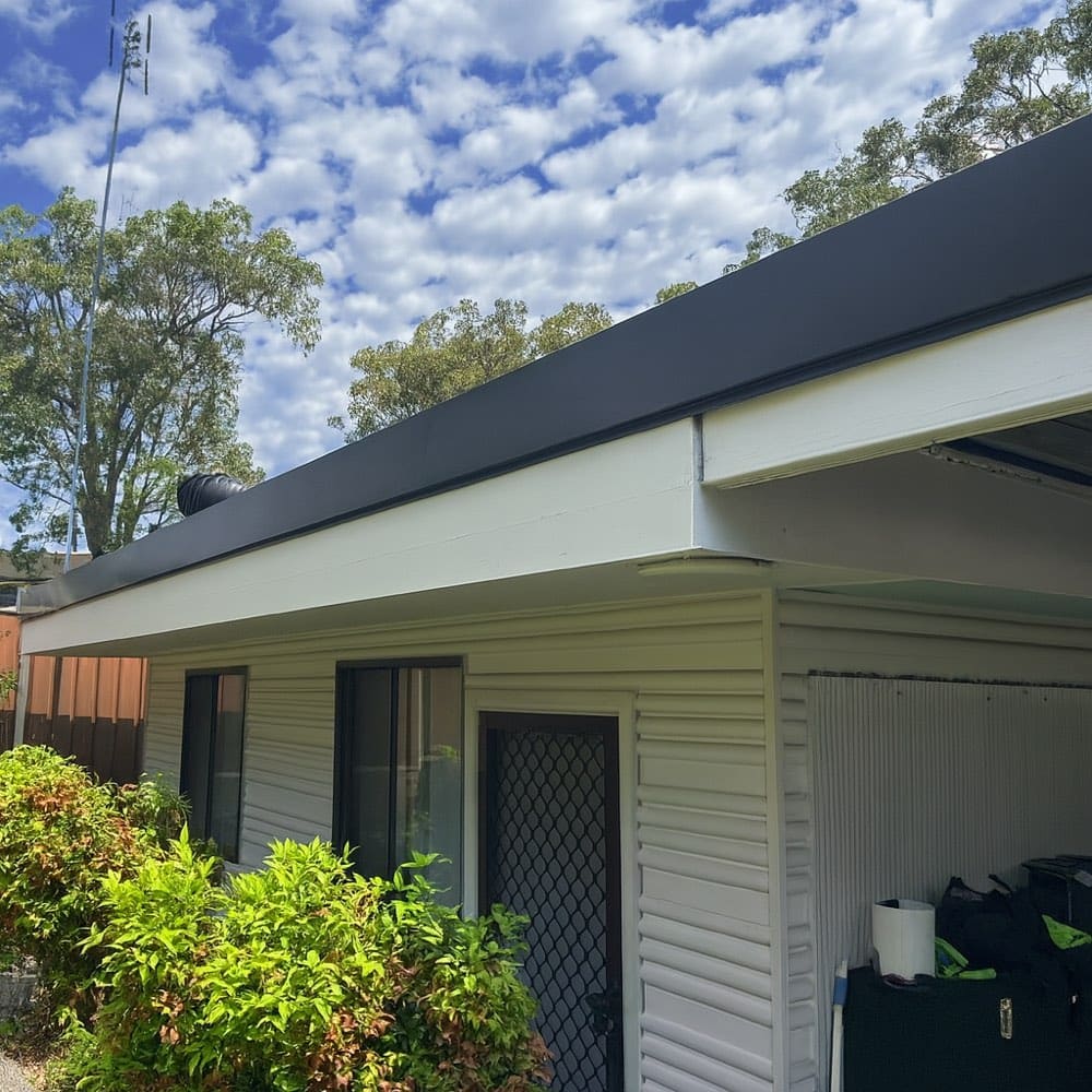 Charcoal fascia and white eaves freshly painted on a weatherboard home